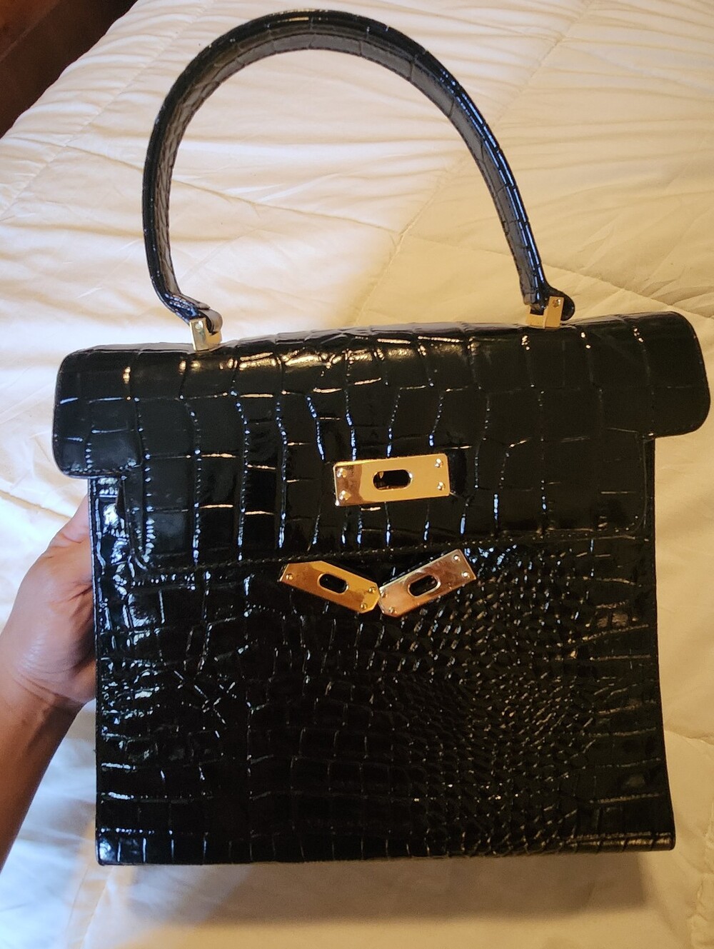 Large Glossy Black Croc-Embossed Top-Handle Bag - Picture 9 of 13